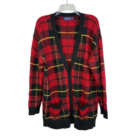 Polo Ralph Lauren Red Black Alpaca Wool Sweater Cardigan Tartan Plaid Women's L - Picture 1 of 8